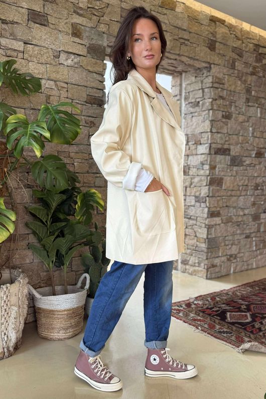 Made in Italy Runa Leather Look Relaxed Blazer Ecru
